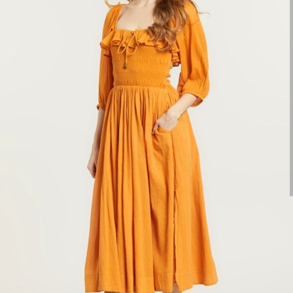 Free People Orange Oasis Smocked Ruffle Cotton Boho A-line Midi Dress XS - Picture 3 of 10